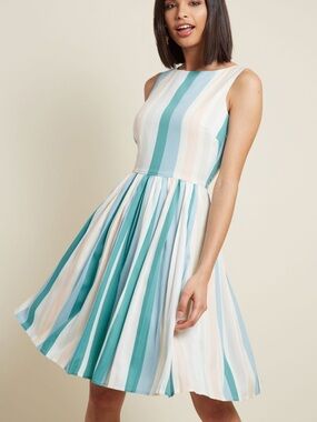 Fever London Striped Sleeveless Dress in Teal, Light Blue and Cream Size 8